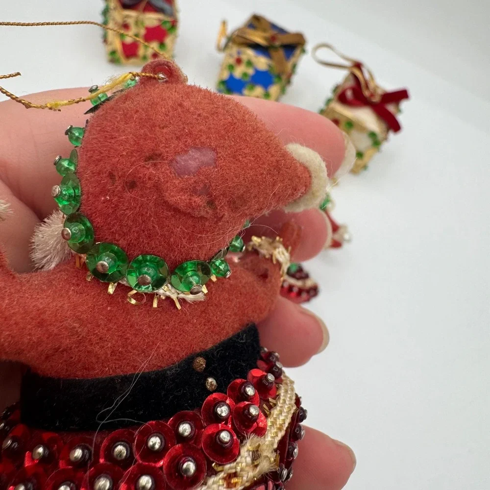 Vintage Santa and Mrs Claus Sequin Ornaments with Beaded Gift Box Set of 5